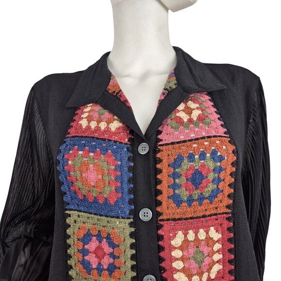 John Mark Womens M Black Button-Up Crochet Patchwork Tunic Blouse - Picture 7 of 14